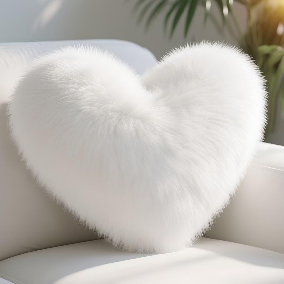 Red Heart Pillow, Faux Fox Fur Heart Decorative Pillows, Heart Shaped Throw Pillow for Bed, Soft Fluffy Decorative Cushion for Chair Sofa Living Room - Plush Pillow Home Decor