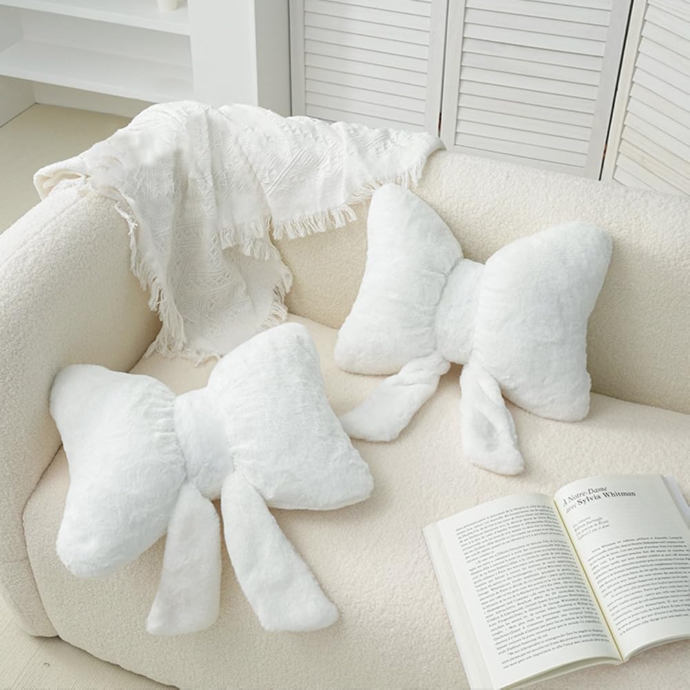 2Pack Soft Furry Bow Throw Pillows Cute Bowknot Plush Pillow Home Decor Stuffed Bow Lumbar Pillow for Bed Couch Living Room Decor (Pink)