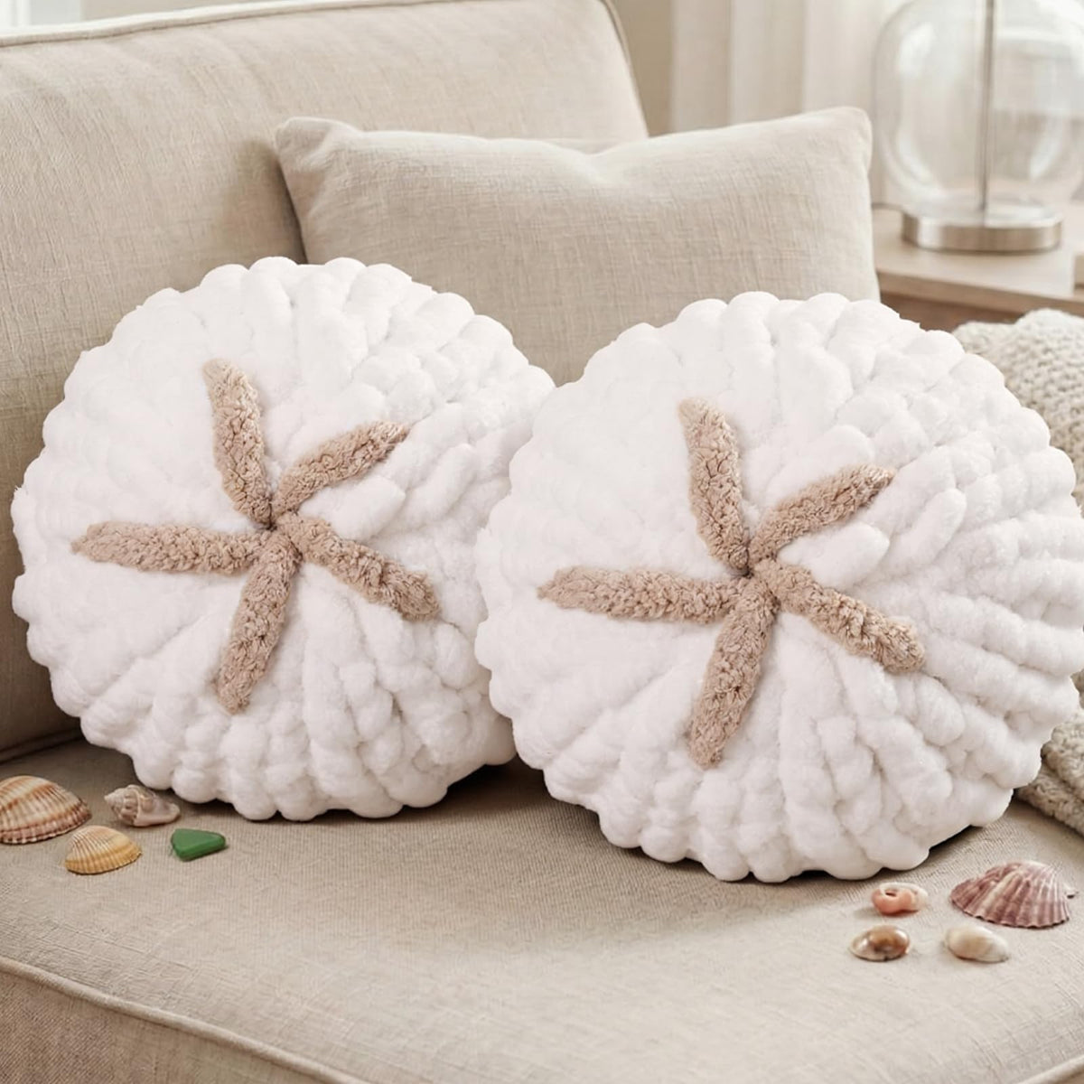 Breling 2 Pcs Hand Crochet Sand Dollar Pillows Knitted Throw Pillows