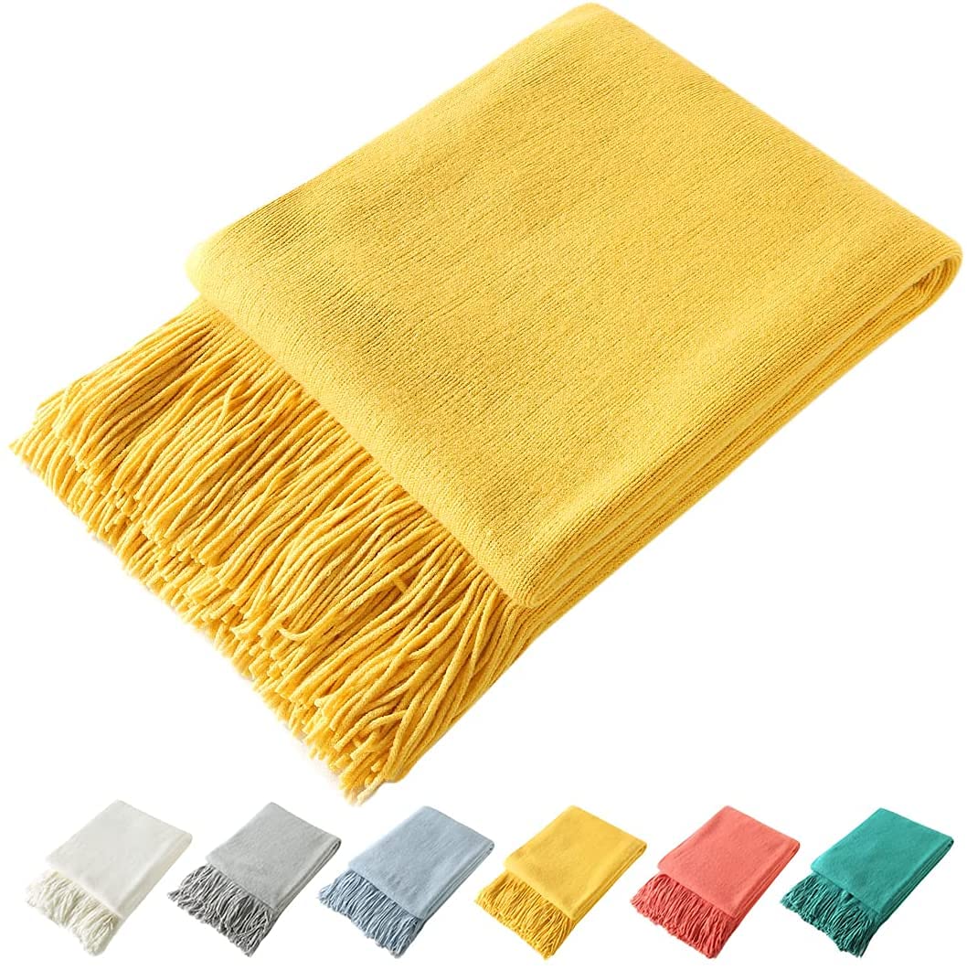 Homiest Pale Blue Knitted Throw Blanket with Fringe, 50x60 Inch