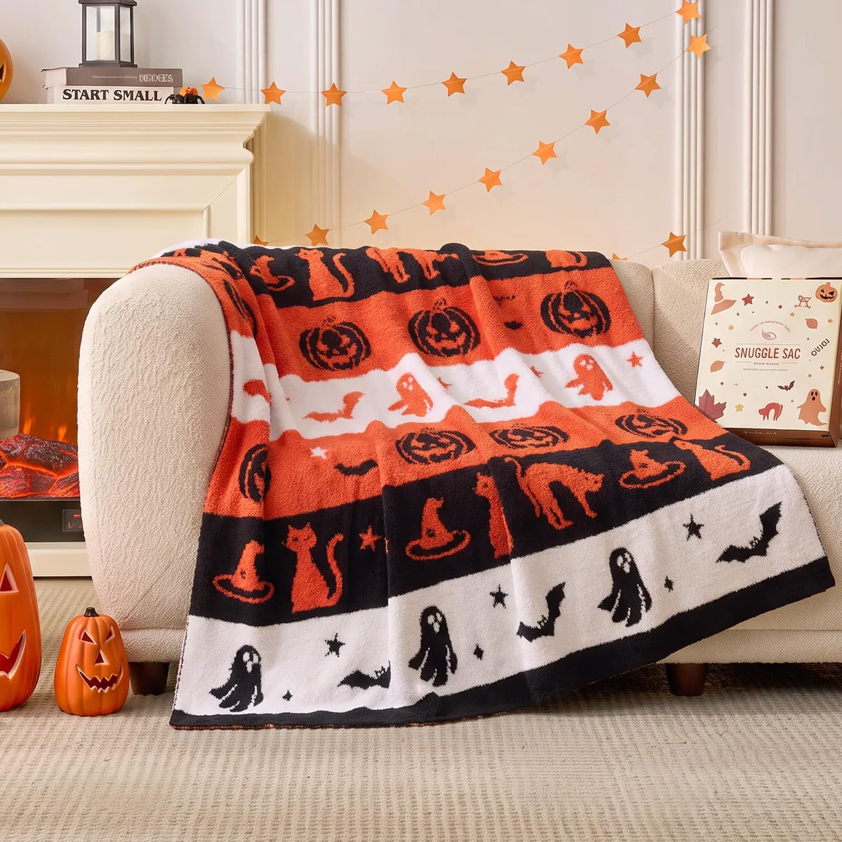 Snuggle Sac Fall Checkered Blanket Orange Pumpkin Maple Leaf Throw Blanket for Couch,Halloween Soft Cozy Luxury Decoration Blanket for Sofa Bed Living Room,50×60 inches