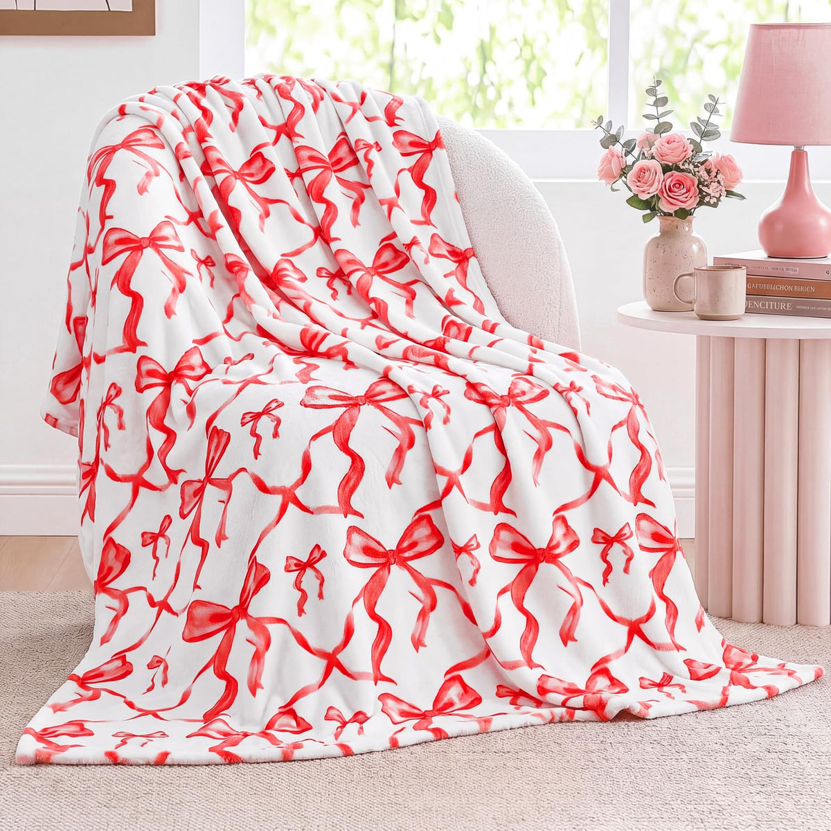 Buryeah Pink Bow Throw Blanket 50"x60" Soft Flannel for Girls Women