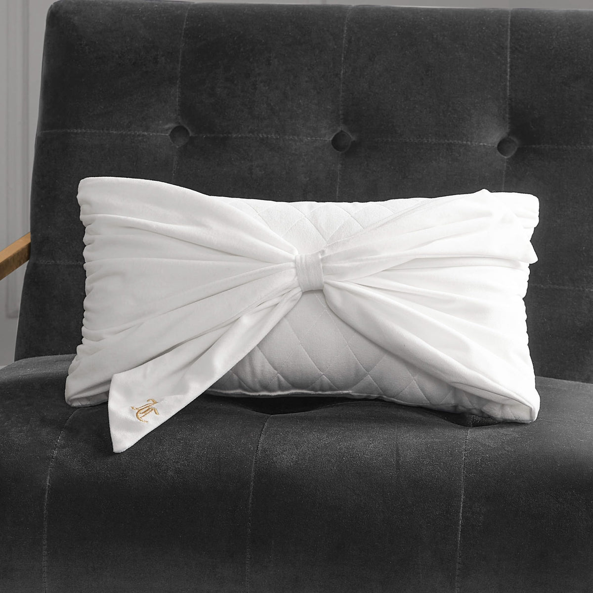 Juicy Couture Velvet Bow Designer Decorative Pillow - 10"x18", Light Pink