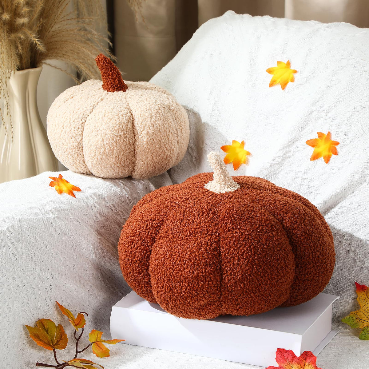 Queekay 2 Pcs Pumpkin Pillow Fall Decor Cushions, Beige, Large