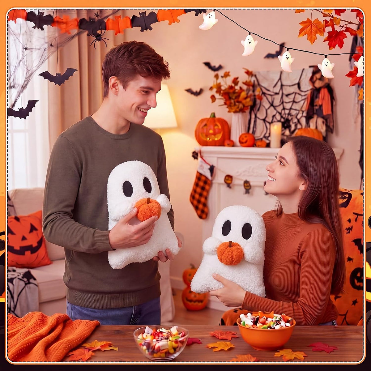 Fuutreo 2 Pcs Halloween Ghost Shaped Plush Throw Pillows with Pumpkin