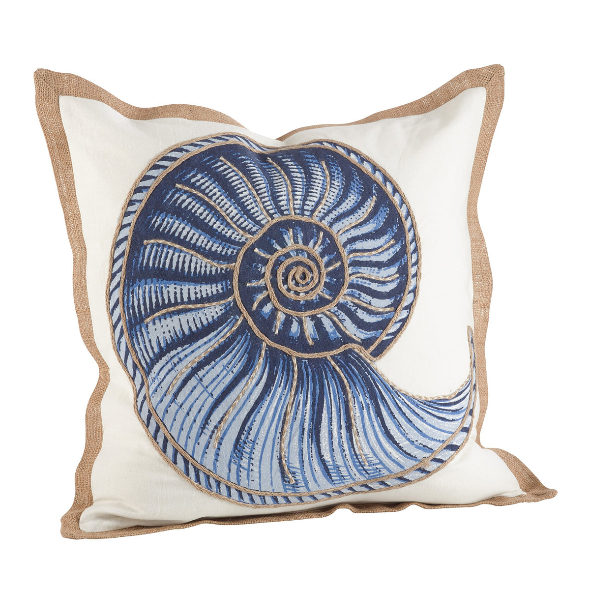 SARO LIFESTYLE Neptunian Coastal Throw Pillow – 20” x 20”, Woven Cotton Cover with Jute Trim, Zipper Closure, Down & Feather Insert – Spiral Shell, Navy Blue