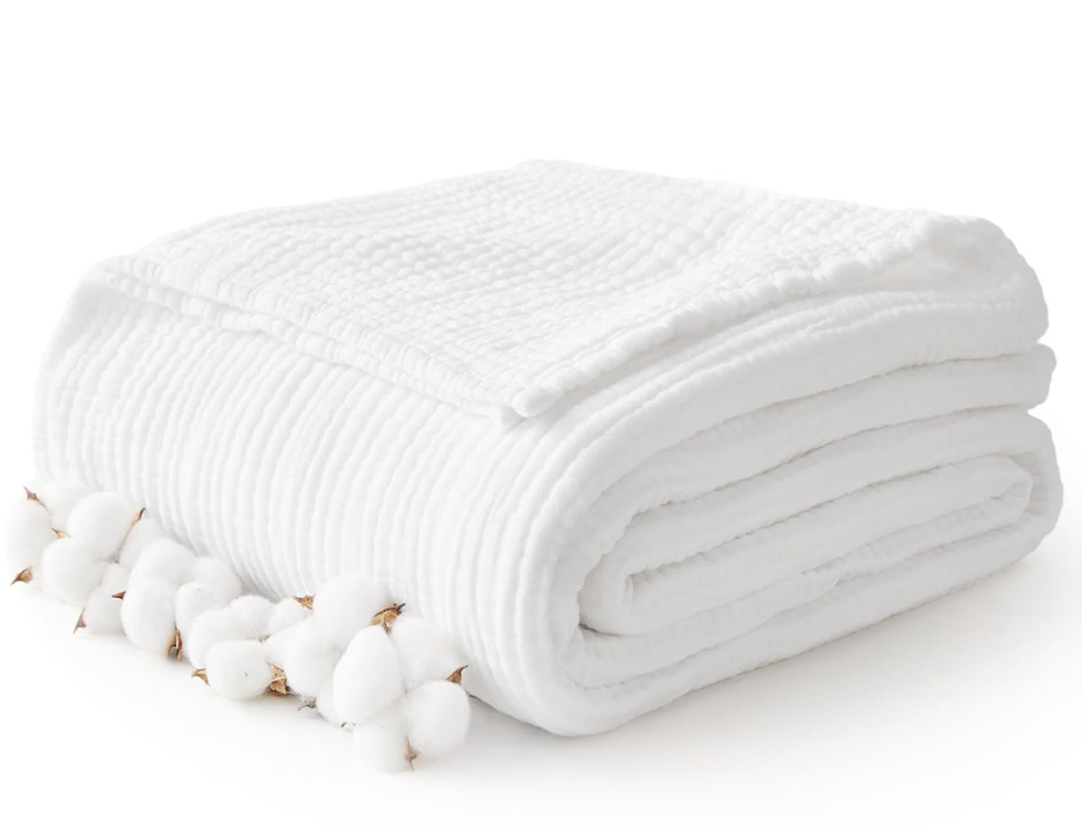 100% Cotton Muslin Blanket for Adults, 6-Layer Large Throw, Beige Linen