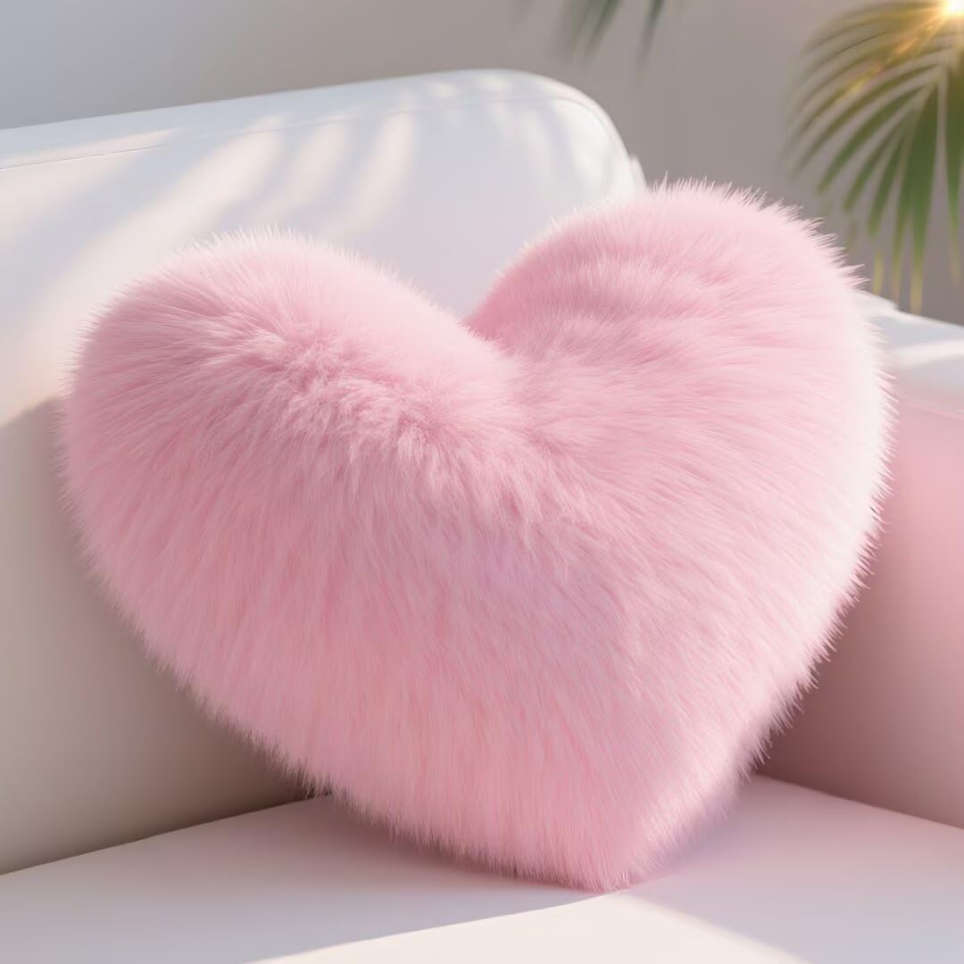 Red Heart Pillow, Faux Fox Fur Heart Decorative Pillows, Heart Shaped Throw Pillow for Bed, Soft Fluffy Decorative Cushion for Chair Sofa Living Room - Plush Pillow Home Decor