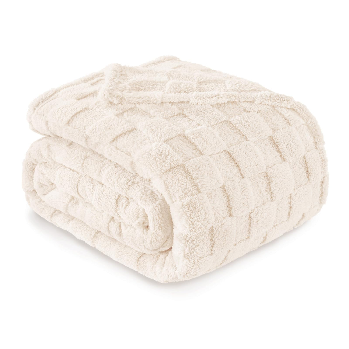 Exclusivo Mezcla 3D Checkered Fleece Throw Blanket for Couch, Ivory