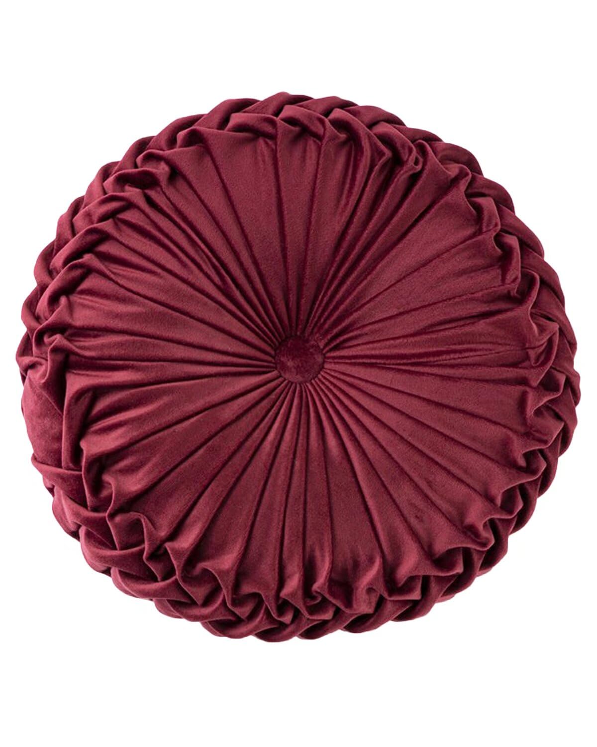 HLOVME Round Velvet Pillow for Couch Small Handmade Decorative Throw Pillow for Bed Bedroom 13.7” Wine Red