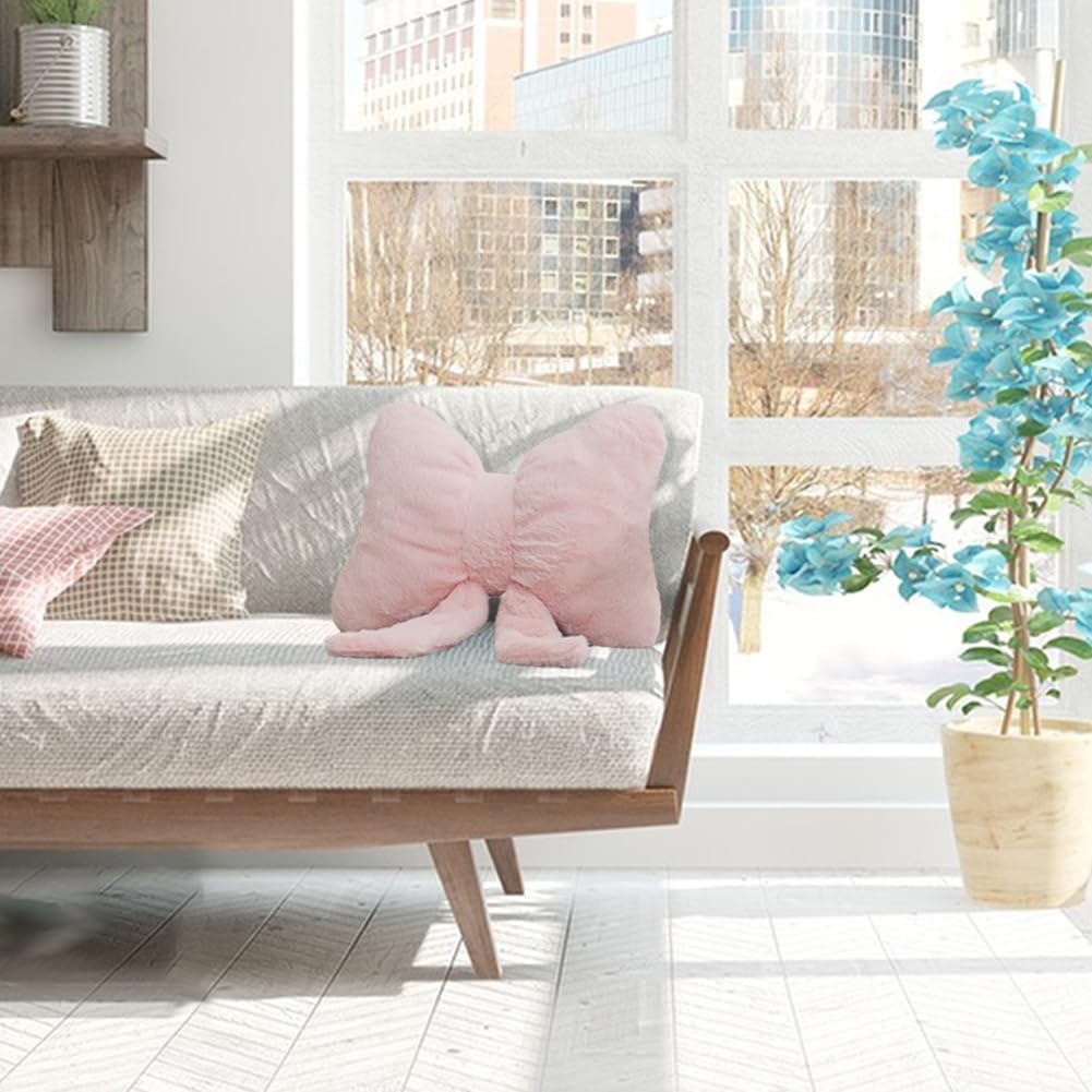 2Pack Soft Furry Bow Throw Pillows Cute Bowknot Plush Pillow Home Decor Stuffed Bow Lumbar Pillow for Bed Couch Living Room Decor (Pink)