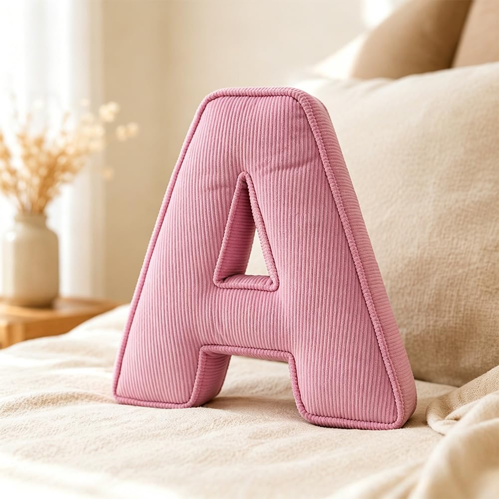 Pink Letter Plush Pillow, Letter Hugging Throw Pillows, Decorative Corduroy Initial Letter Shaped Throw Pillows, Letter Pillows English Alphabet A to Z for Sofa Bedroom Living Room Decor (M)