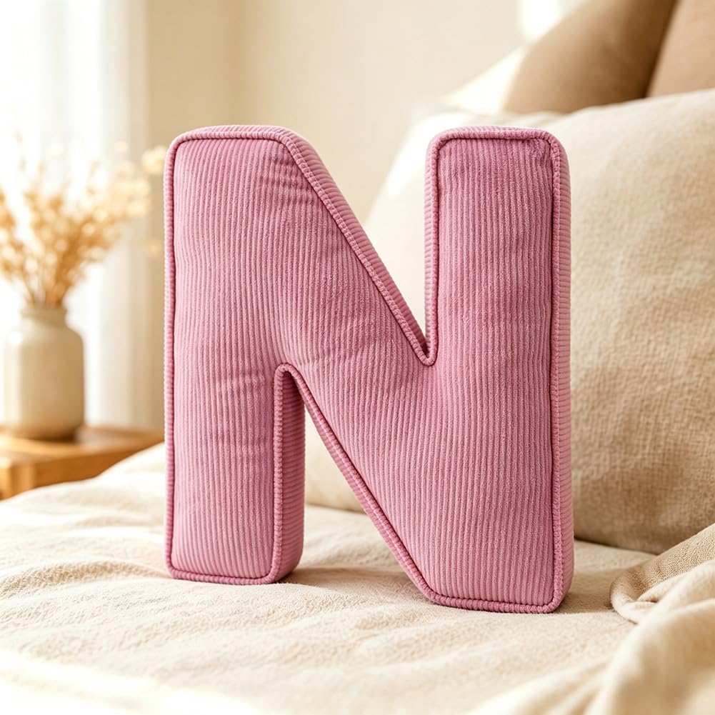 Pink Letter Plush Pillow, Letter Hugging Throw Pillows, Decorative Corduroy Initial Letter Shaped Throw Pillows, Letter Pillows English Alphabet A to Z for Sofa Bedroom Living Room Decor (M)