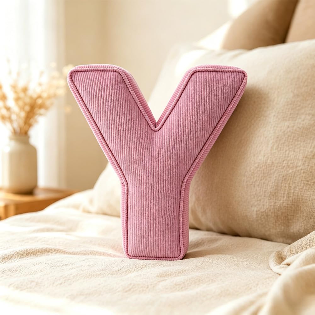 Pink Letter Plush Pillow, Letter Hugging Throw Pillows, Decorative Corduroy Initial Letter Shaped Throw Pillows, Letter Pillows English Alphabet A to Z for Sofa Bedroom Living Room Decor (M)