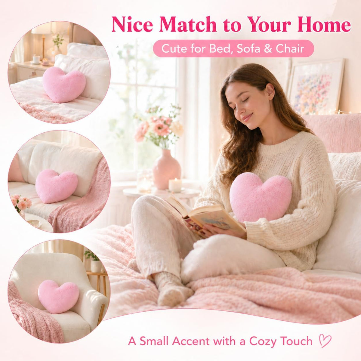 RAINFLOW Decorative Heart Pillow - Pink Faux Fur Throw Pillow Room Decor