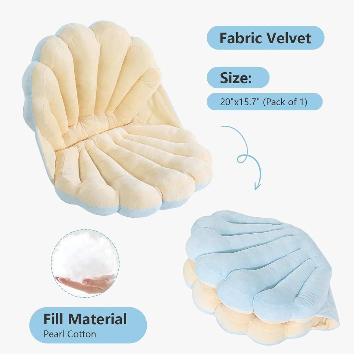 HOMBYS Shell Shaped Seat Cushion with Backrest, Cute Gaming Chair Cushion, Openable Shell Pillow, Throw Pillow & Decorative Pillow for Bed, Couch & Sofa, Ocean Theme Seashell Home Decor, (Blue)