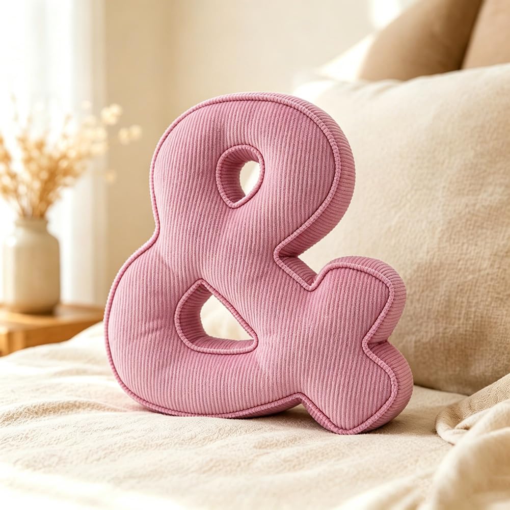 Pink Letter Plush Pillow, Letter Hugging Throw Pillows, Decorative Corduroy Initial Letter Shaped Throw Pillows, Letter Pillows English Alphabet A to Z for Sofa Bedroom Living Room Decor (M)