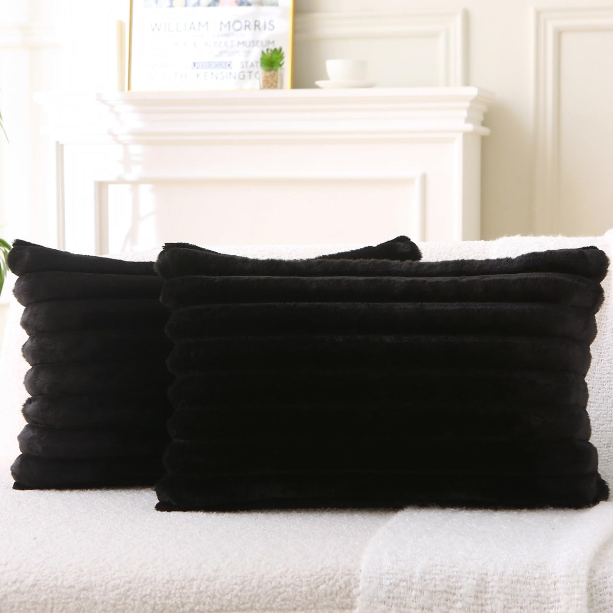Decorative Throw Pillow with Inserts, Set of 2 Soft Faux Fur Throw Pillows, Square Boho Striped Pillow for Couch, Bed, Sofa Decor(Beige, 18" x 18")