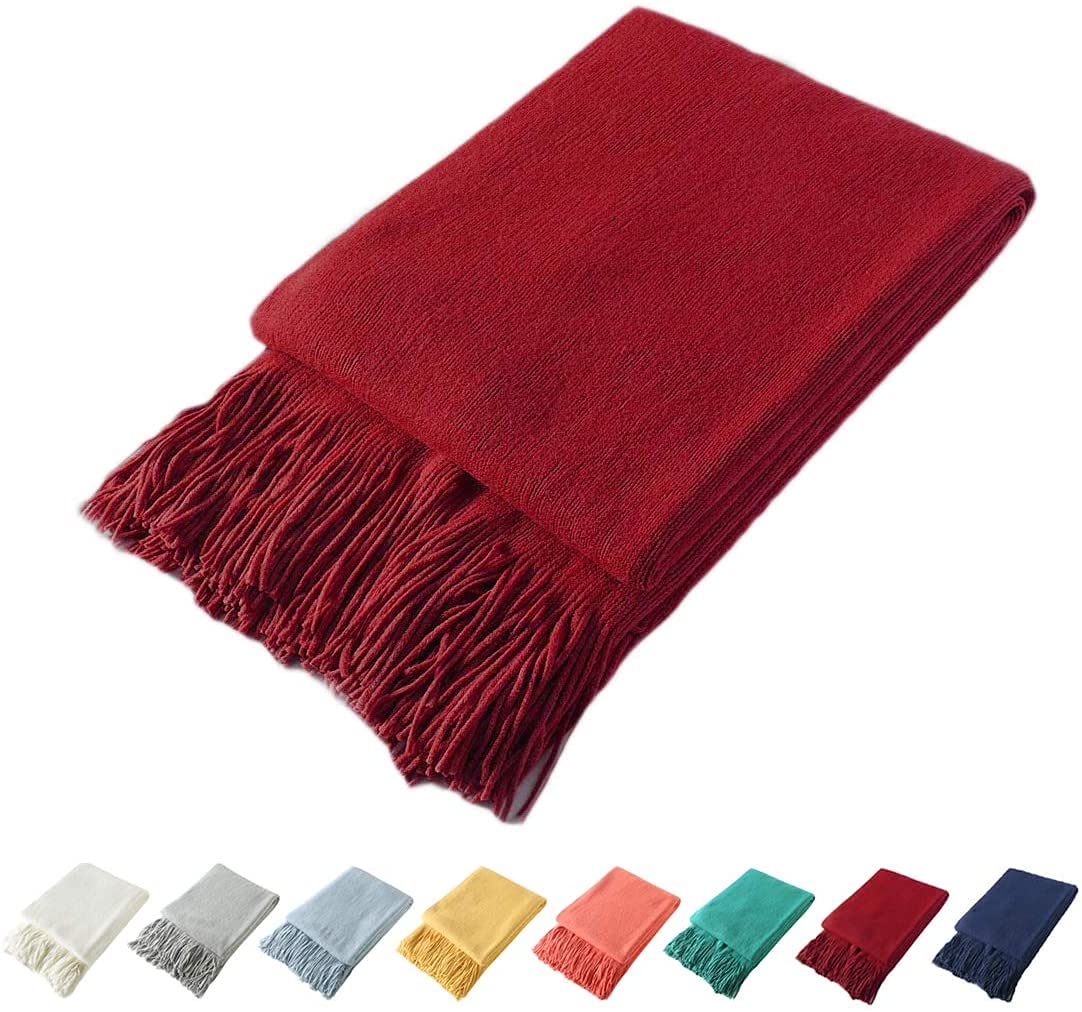Homiest Pale Blue Knitted Throw Blanket with Fringe, 50x60 Inch