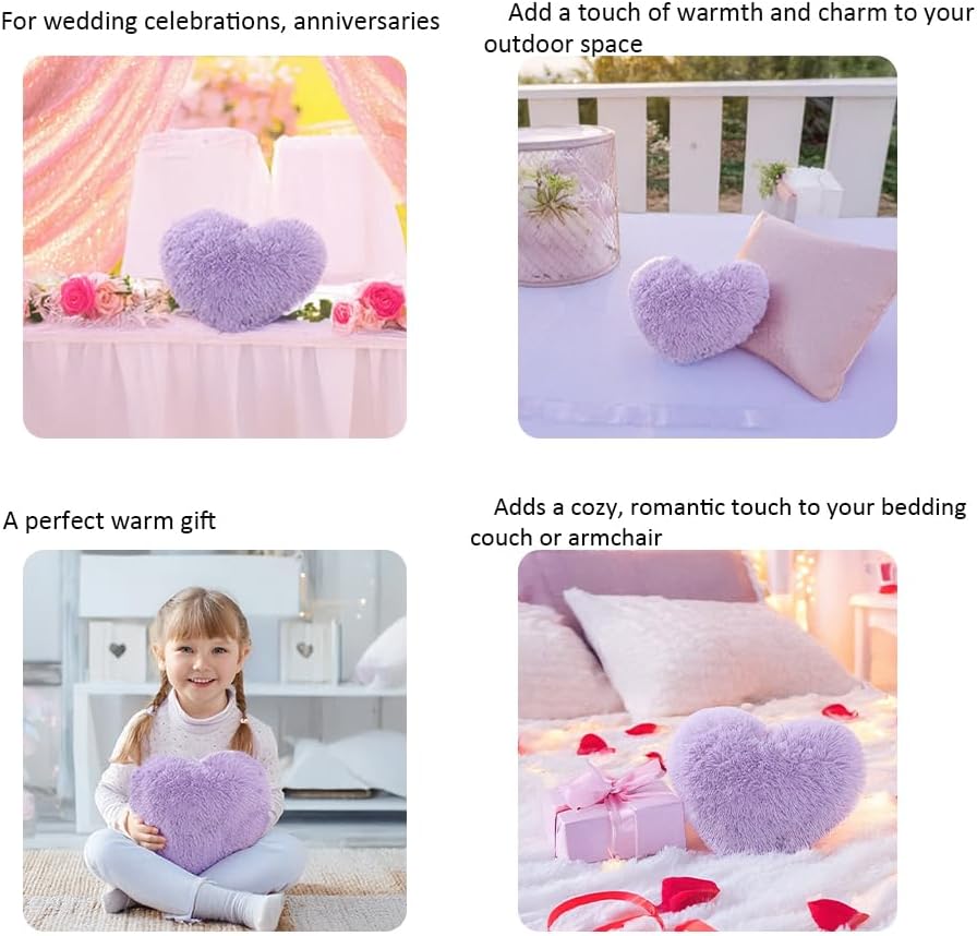 MOOWOO Fluffy Heart Pillow, Faux Fur Throw Pillow,Sherpa Plush Fluffy, Cute Soft Throw Cushion, Christmas Day,Valentines Day Decor for Home Bed Couch (Purple)