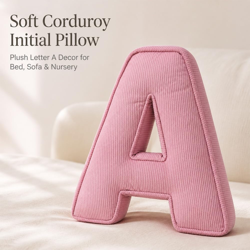 Pink Letter Plush Pillow, Letter Hugging Throw Pillows, Decorative Corduroy Initial Letter Shaped Throw Pillows, Letter Pillows English Alphabet A to Z for Sofa Bedroom Living Room Decor (M)