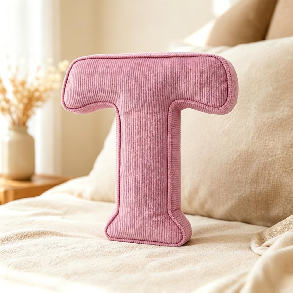 Pink Letter Plush Pillow, Letter Hugging Throw Pillows, Decorative Corduroy Initial Letter Shaped Throw Pillows, Letter Pillows English Alphabet A to Z for Sofa Bedroom Living Room Decor (M)