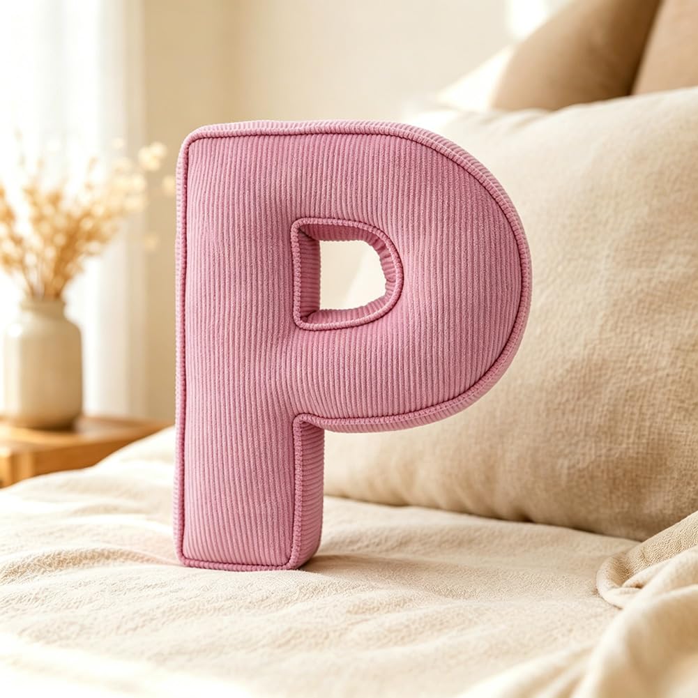 Pink Letter Plush Pillow, Letter Hugging Throw Pillows, Decorative Corduroy Initial Letter Shaped Throw Pillows, Letter Pillows English Alphabet A to Z for Sofa Bedroom Living Room Decor (M)