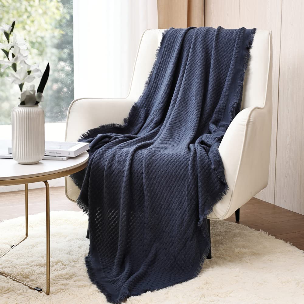 CREVENT Farmhouse Boho Knitted Throw Blanket for Couch Sofa Chair Bed Home Decoration, Soft Warm Cozy Light Weight for Spring Summer Fall (50''X60'' Off White/Ivory/Cream)