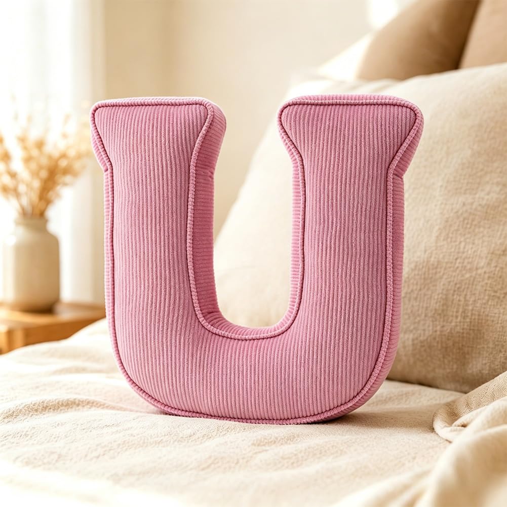 Pink Letter Plush Pillow, Letter Hugging Throw Pillows, Decorative Corduroy Initial Letter Shaped Throw Pillows, Letter Pillows English Alphabet A to Z for Sofa Bedroom Living Room Decor (M)