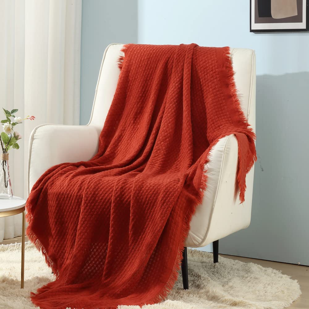 CREVENT Farmhouse Boho Knitted Throw Blanket for Couch Sofa Chair Bed Home Decoration, Soft Warm Cozy Light Weight for Spring Summer Fall (50''X60'' Off White/Ivory/Cream)