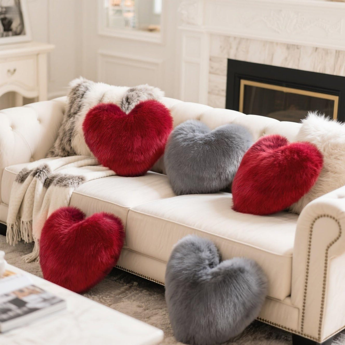 Red Heart Pillow, Faux Fox Fur Heart Decorative Pillows, Heart Shaped Throw Pillow for Bed, Soft Fluffy Decorative Cushion for Chair Sofa Living Room - Plush Pillow Home Decor