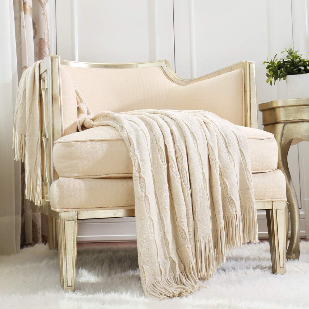 CREVENT Farmhouse Boho Knitted Throw Blanket for Couch Sofa Chair Bed Home Decoration, Soft Warm Cozy Light Weight for Spring Summer Fall (50''X60'' Off White/Ivory/Cream)