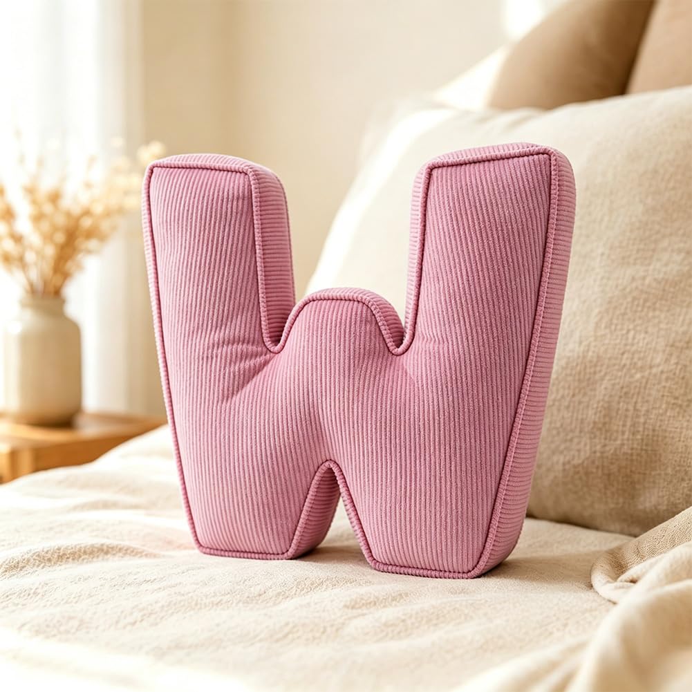Pink Letter Plush Pillow, Letter Hugging Throw Pillows, Decorative Corduroy Initial Letter Shaped Throw Pillows, Letter Pillows English Alphabet A to Z for Sofa Bedroom Living Room Decor (M)