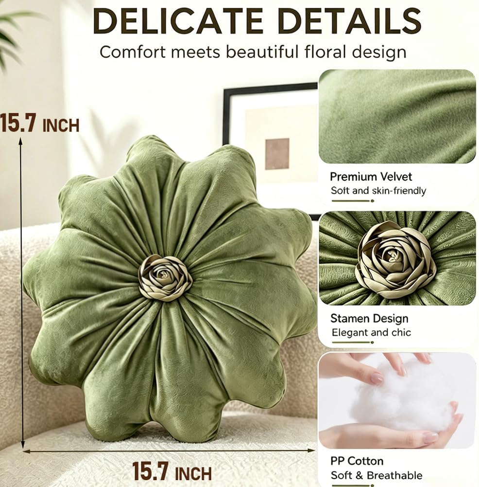 Flower Pillow Cushion Round Decorative Throw Pillows 15.7 Inch Velvet Flower Shaped Pillow Floral Cushion for Sofa, Couch, Vanity Chair, Bed (Green)