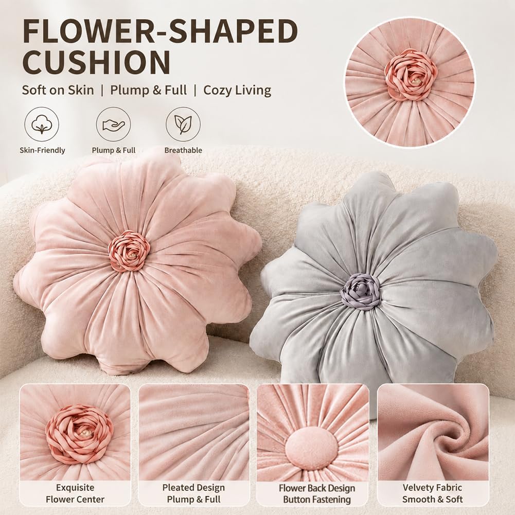 Flower Pillow Cushion Round Decorative Throw Pillows 15.7 Inch Velvet Flower Shaped Pillow Floral Cushion for Sofa, Couch, Vanity Chair, Bed (Green)