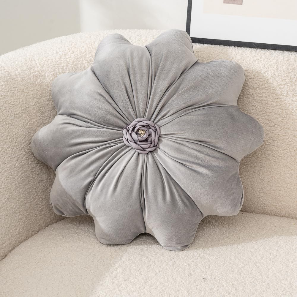 Flower Pillow Cushion Round Decorative Throw Pillows 15.7 Inch Velvet Flower Shaped Pillow Floral Cushion for Sofa, Couch, Vanity Chair, Bed (Green)