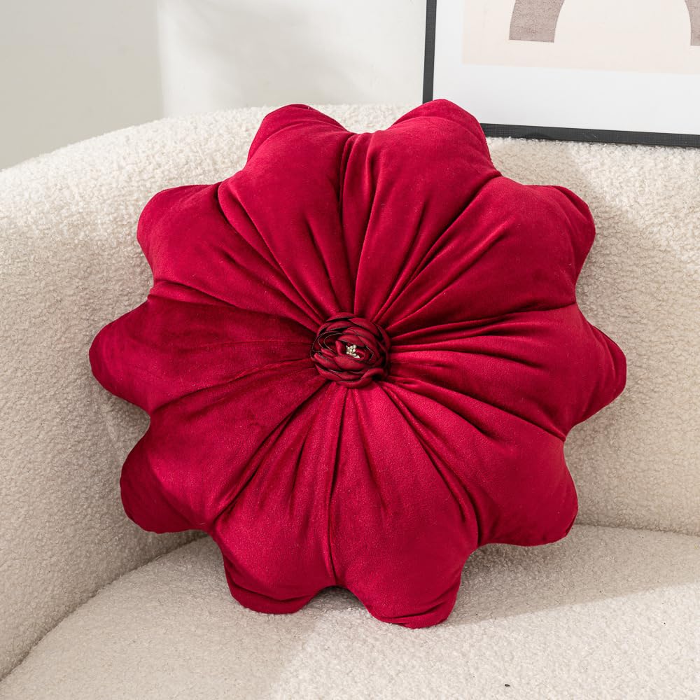 Flower Pillow Cushion Round Decorative Throw Pillows 15.7 Inch Velvet Flower Shaped Pillow Floral Cushion for Sofa, Couch, Vanity Chair, Bed (Green)