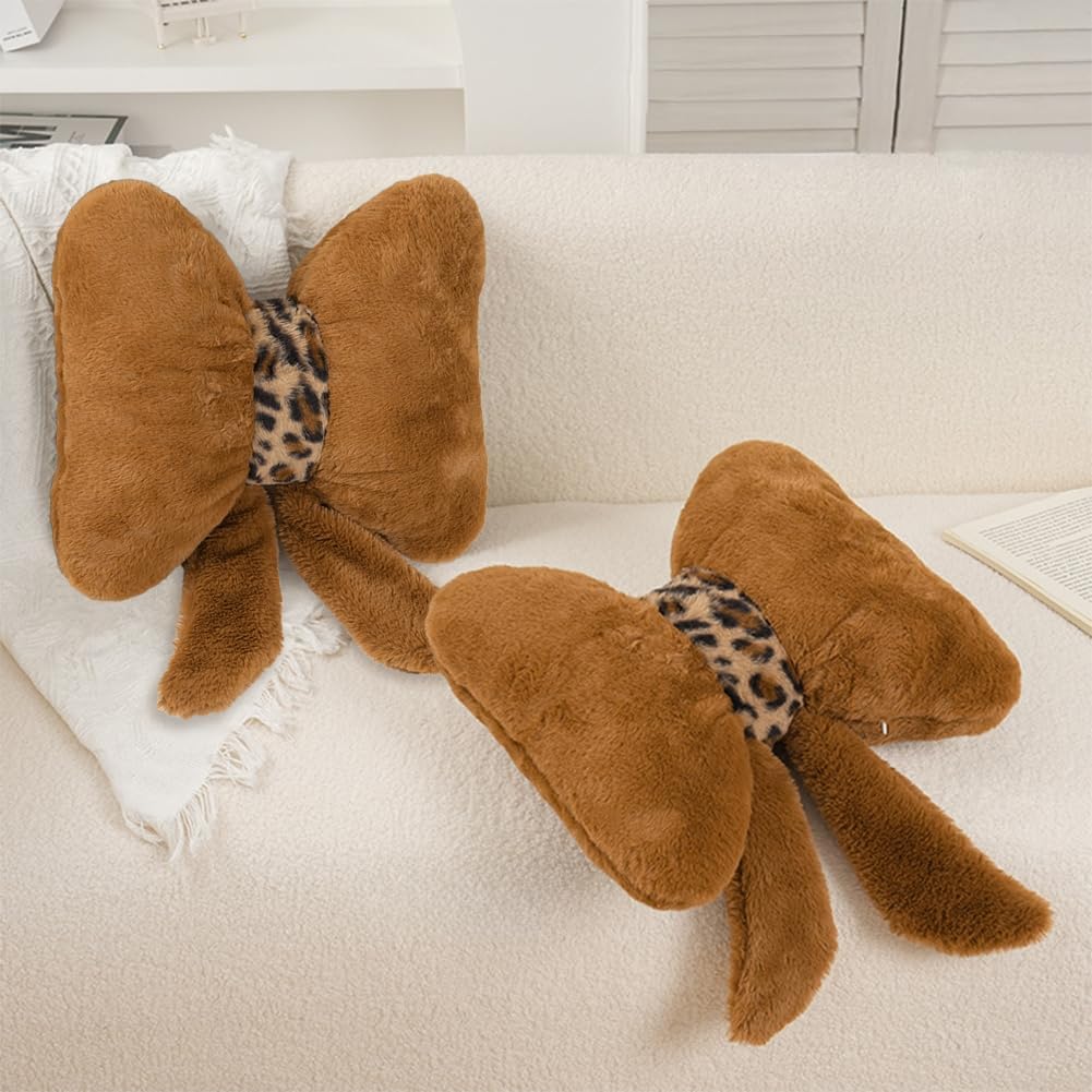 2Pack Soft Furry Bow Throw Pillows Cute Bowknot Plush Pillow Home Decor Stuffed Bow Lumbar Pillow for Bed Couch Living Room Decor (Pink)