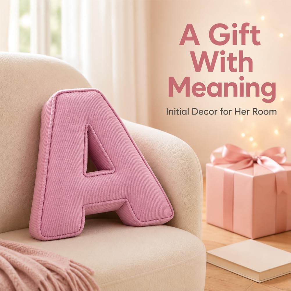 Pink Letter Plush Pillow, Letter Hugging Throw Pillows, Decorative Corduroy Initial Letter Shaped Throw Pillows, Letter Pillows English Alphabet A to Z for Sofa Bedroom Living Room Decor (M)