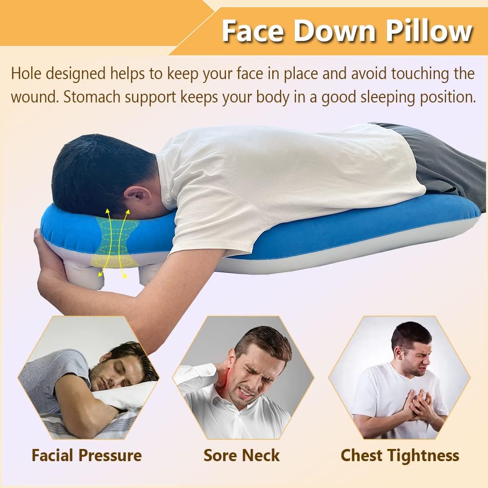 Face Down Pillow After Eye Surgery, Prone Pillow with Arm Hole for Sleeping, Retinal Detachment Vitrectomy Recovery Lying Pillows, Inflatable Face Support Post Eye Surgery Head Cradle (Blue)