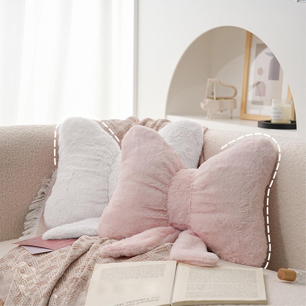 2Pack Soft Furry Bow Throw Pillows Cute Bowknot Plush Pillow Home Decor Stuffed Bow Lumbar Pillow for Bed Couch Living Room Decor (Pink)