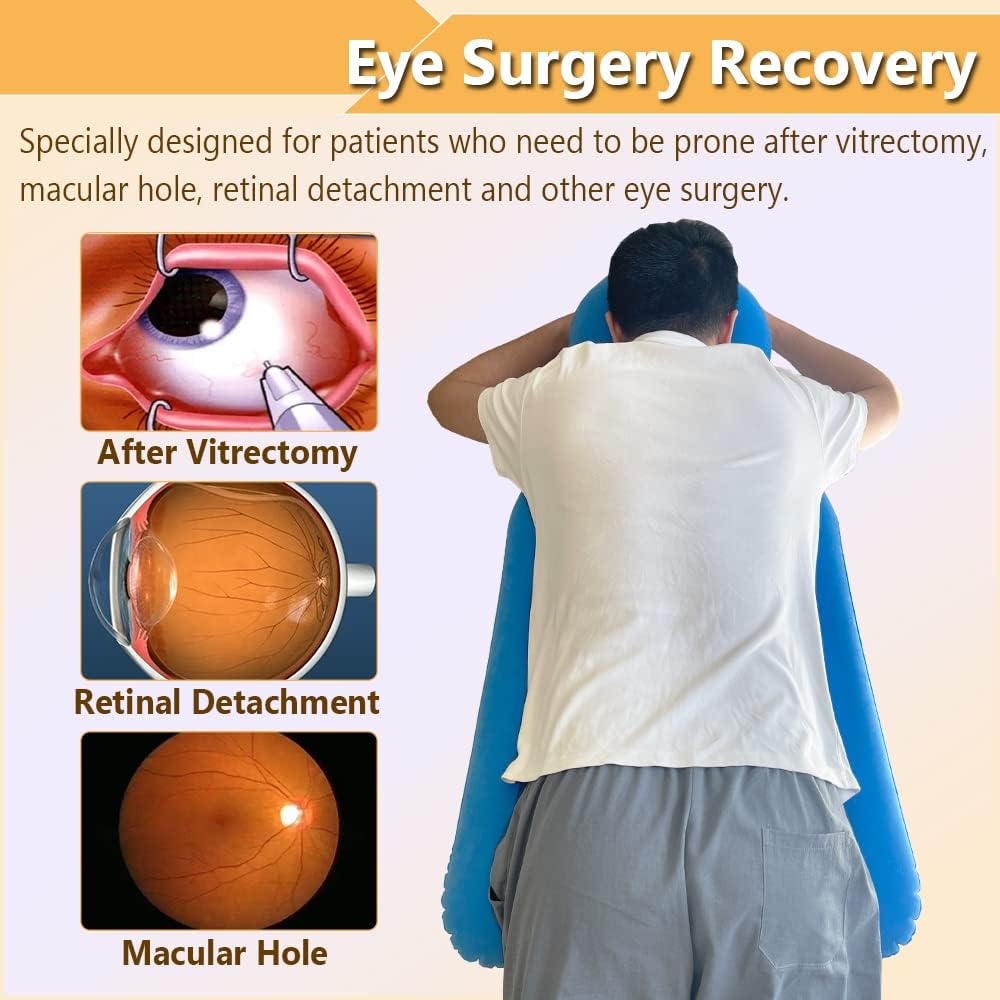 Face Down Pillow After Eye Surgery, Prone Pillow with Arm Hole for Sleeping, Retinal Detachment Vitrectomy Recovery Lying Pillows, Inflatable Face Support Post Eye Surgery Head Cradle (Blue)