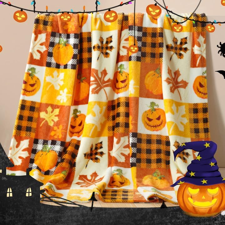 ROMROL Halloween Fleece Throw Blanket Pumpkin Fall Plaid Blanket 50x60