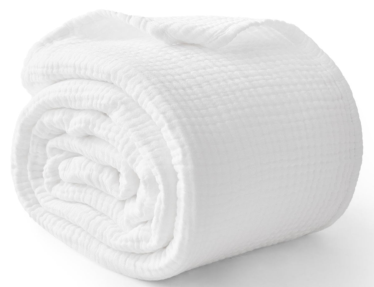 100% Cotton Muslin Blanket for Adults, 6-Layer Large Throw, Beige Linen