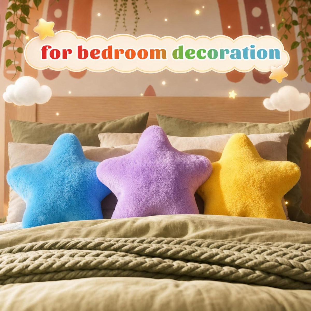 Soaoo 5 Pcs Star Fluffy Pillow Shaped Star Throw Pillow Kids Aesthetic Decor Soft Preppy Cute Cushion for Sofa Living Room Bedroom Back to School 15.75 in, Bright Mix