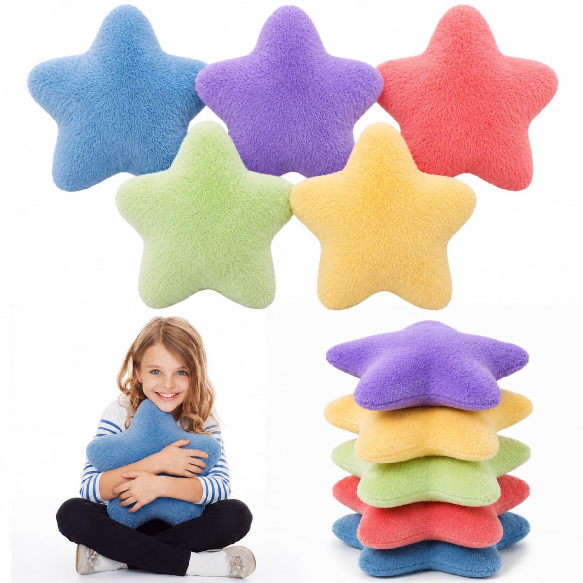Soaoo 5 Pcs Star Fluffy Pillow Shaped Star Throw Pillow Kids Aesthetic Decor Soft Preppy Cute Cushion for Sofa Living Room Bedroom Back to School 15.75 in, Bright Mix