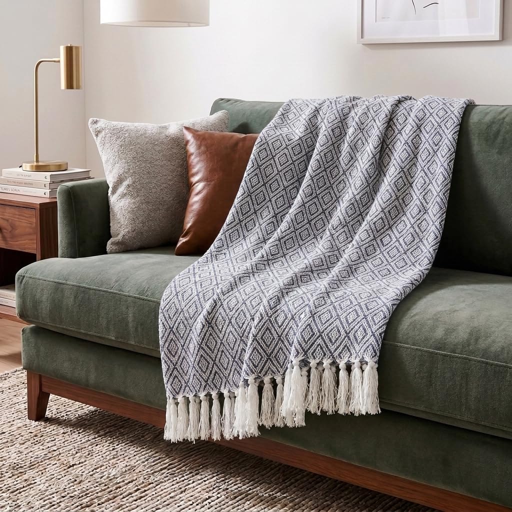 Americanflat 50x60 Throw Blanket - Soft and Breathable Cotton Throw Blanket for Couch, Bed, Chair - Decorative Blankets Perfect for Home, Office, or Outdoor Use - Cream Herringbone Design