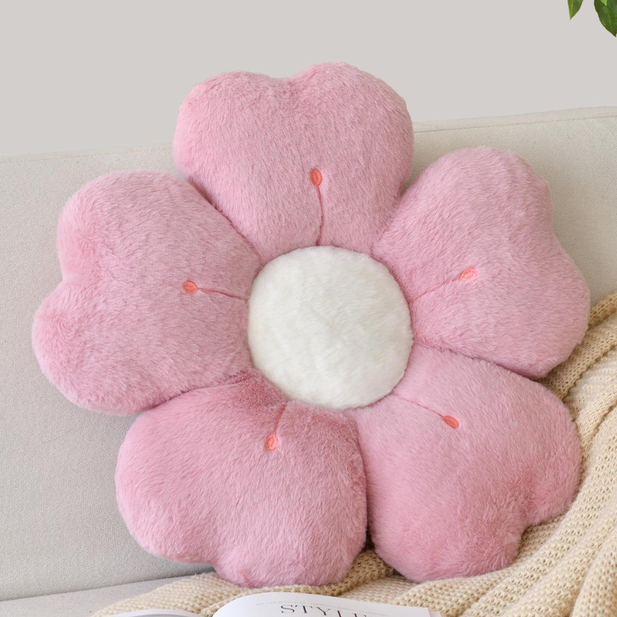 Flower Shaped Pillow, Cute Decorative Throw Pillow with Soft Artificial Rabbit Fur for Couch Bed Chair Floor, Flower Pillows Seating Cushions with Room Décor for Bedroom Living Room (14.9" Lavender)