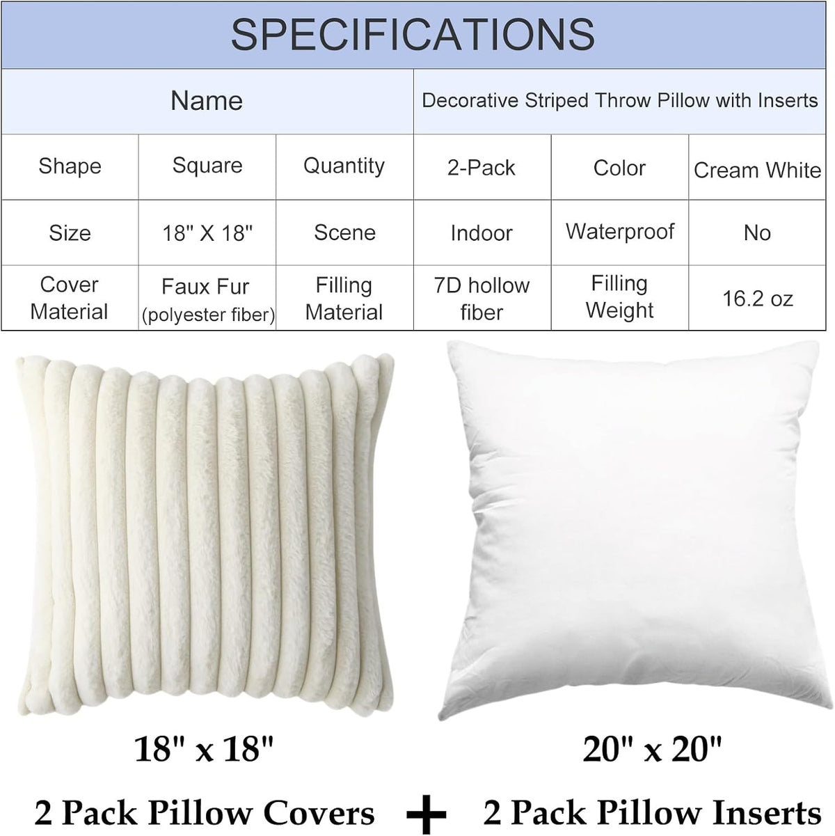 Decorative Throw Pillow with Inserts, Set of 2 Soft Faux Fur Throw Pillows, Square Boho Striped Pillow for Couch, Bed, Sofa Decor(Beige, 18" x 18")