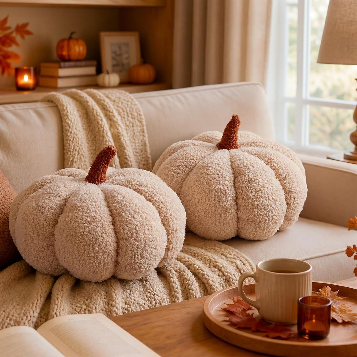 Queekay 2 Pcs Pumpkin Pillow Fall Decor Cushions, Beige, Large